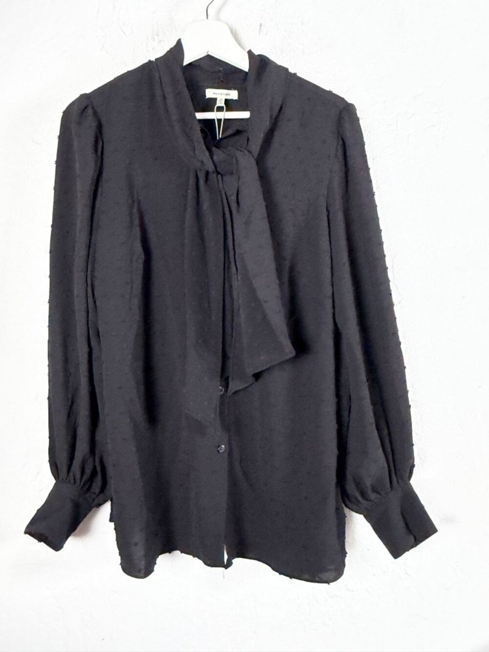 Max Studio Blouse Women's Black Swiss Dot Tie Neck Long Sleeve Button Up 1X New